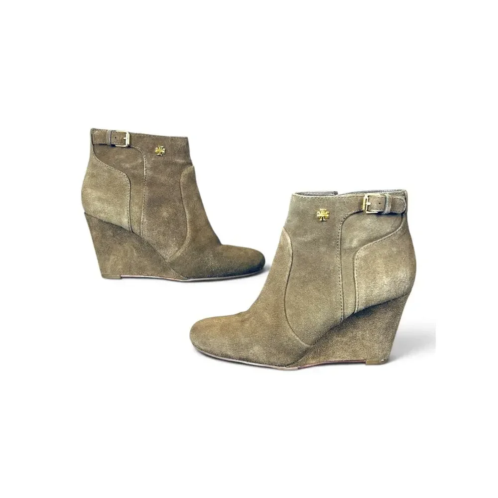 Tory Burch Milan River Rock Suede Wedge Ankle Boots Size 7 Olive Taupe Brown